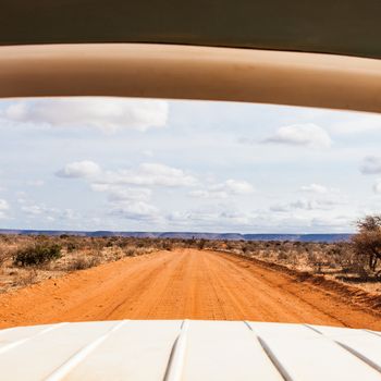 Turist point of view from a safari vehicle in Kenya, Tsavo East National Park