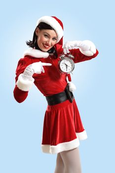 excited girl with santa hat holding clock. illustration