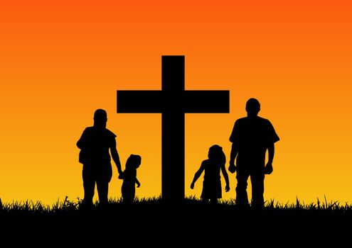 Illustration of a silhouette family standing by a cross