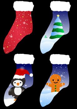 Illustration of four Decorated Christmas stockings