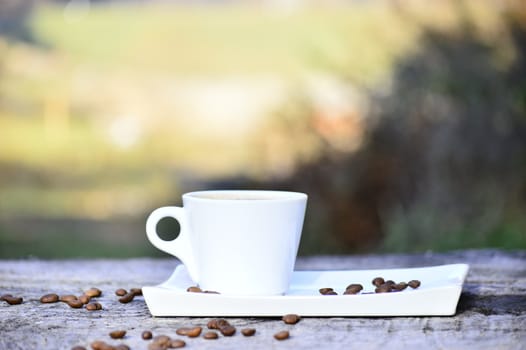 cup of coffee on a plate on a wooden table in daylight