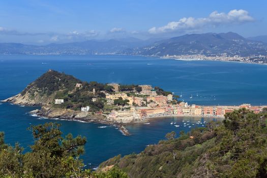 overview of Sestri Levante, small town in Mediterranean sea, Italy