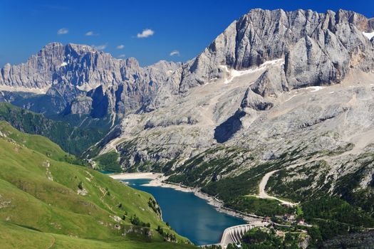 Fedaia pass with the characteristic lake on summer, Italian Dolomites 