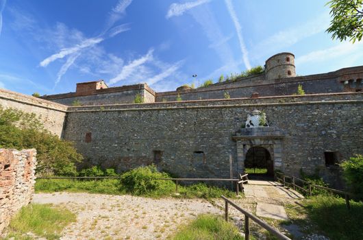 exterioir of Sperone Castle is a medieval fortress built over Genova, Liguria, Italy