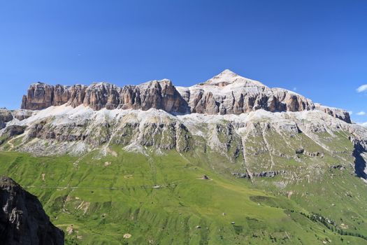 summer view of Sella group with Piz Boe' peak, Italian Dolomites