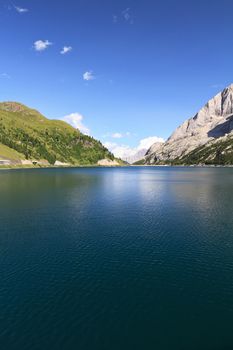 summer view of Fedaia lake and pass, Trentino, Italy