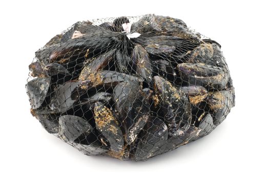basket with fresh mussels over white background