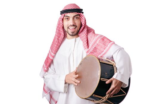 Arab man playing drum isolated on white