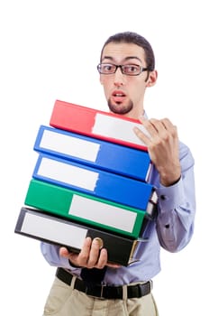 Businessman with lots of folders isolated on white