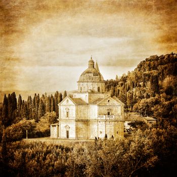 San Biagio cathedral vintage retro in Montepulciano, Italy