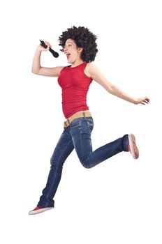 Woman with afro haircut on white