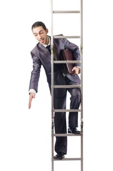 Businessman climbing the ladder isolated on white