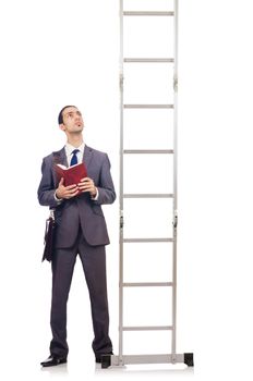 Businessman climbing the ladder isolated on white