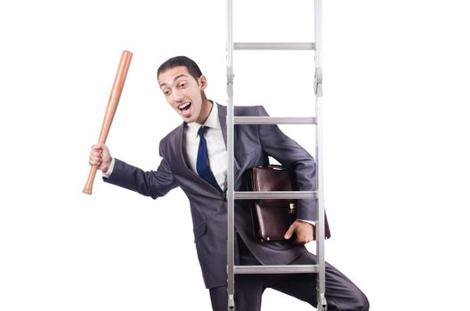 Businessman climbing the ladder isolated on white