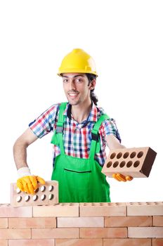 Builder with hard hat on white