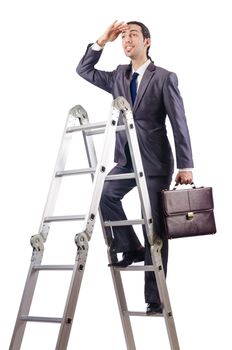 Businessman climbing career ladder on white