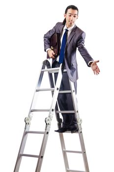 Businessman climbing career ladder on white