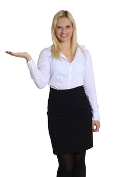 Beautiful blonde caucasian business woman  standing showing