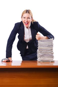 Woman businesswoman with lots of papers