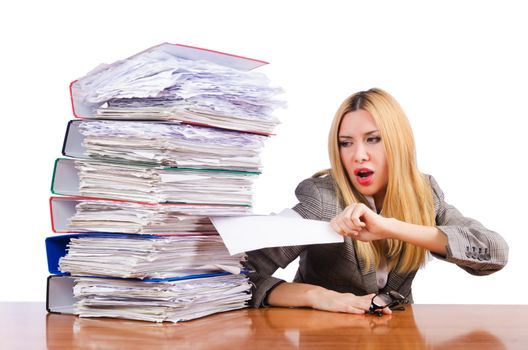 Busy woman with stacks of paper