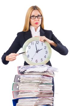 Busy woman with clock on white