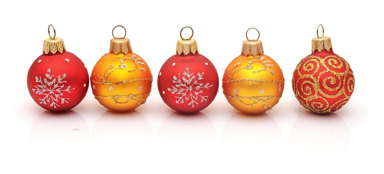 Christmas red baubles isolated on white background