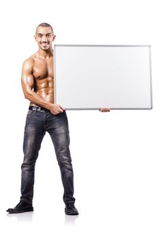 Naked man with blank board