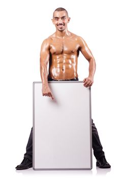 Naked man with blank board