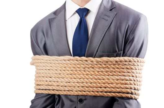 Man tied up with rope on white