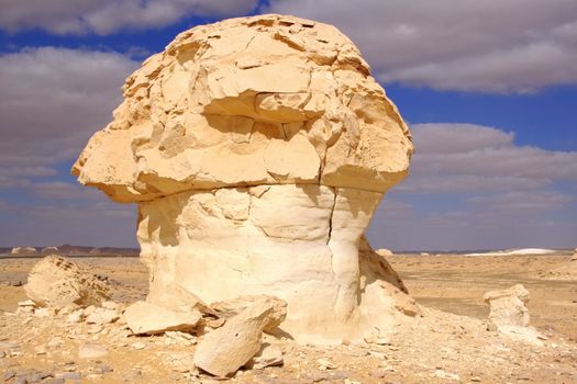 Wind and sun modeled limestones sculptures in white desert 