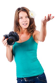 Attractive female photographer on white