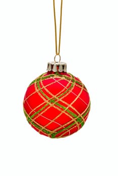 Christmas red ball hanging on white background. Isolated. 