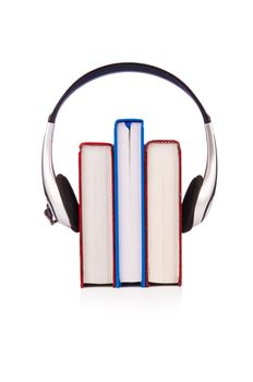 Concept of audio books with earphones on white