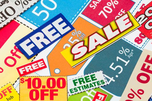 Set of cut coupons for shopping to save money.