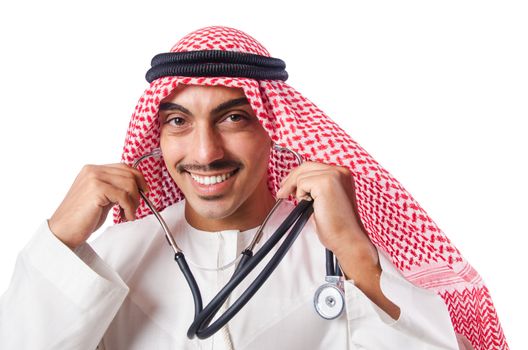 Arab doctor with stethoscope on white