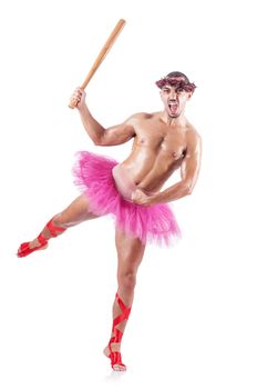 Muscular ballet performer in funny concept