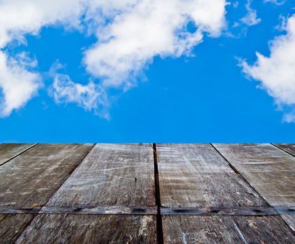 texture of perspective Old wood floor and cloudy sky