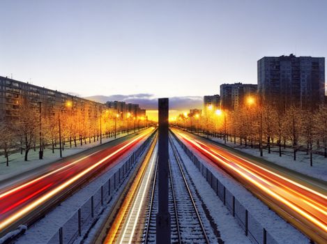 Night time traffic on highway in Kiev city of Ukraine