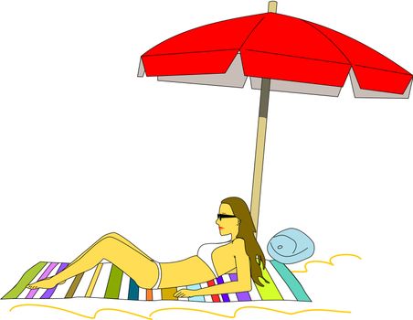 Girl who lies on beach towel sunbathes at the beach under a beach umbrella. 