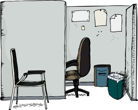 Isolated office cubicle with chairs, shredder and garbage can