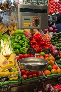 Vegetables scales in La Boqueria, market Barcelona
