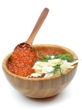 Perfect Red Caviar with Butter Dill in Wood Bowl with Spoon  closeup on white background