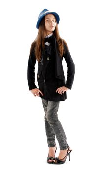 Young Fashion Girl in Jacket and Hat Posing on white background