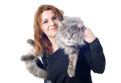 portrait of a purebred  maine coon cat and woman on a white background