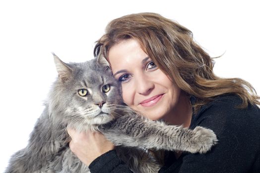 portrait of a purebred  maine coon cat and woman on a white background