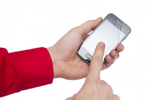 man hand pointing on smart phone screen isolated