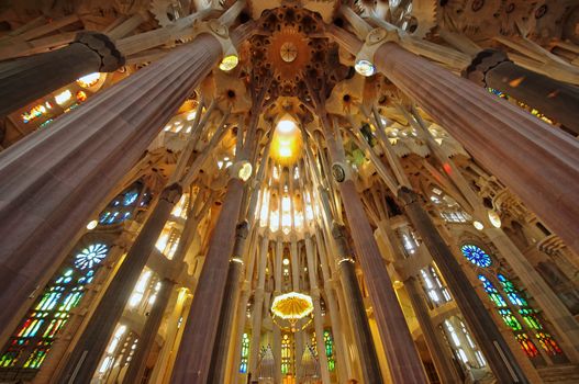 Barcelona - September 27: Inside Sagrada Familia - the cathedral designed by Gaudi and being in construction since 1882. photo taken on september 27, 2011 in Barcelona, Spain.