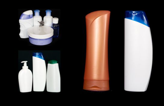 collage of cosmetic products on a black background