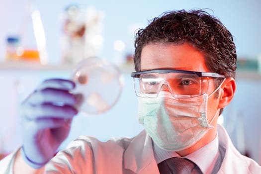 Mask protected life science professional observing the petri dish. Focus on scientist's eye.