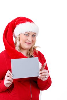 joyful pretty santa woman with empty sign on white background